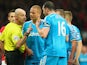Wes Brown of Sunderland reacts after being shown a straight red card by Refere Roger East as John O'Shea of Sunderland appeals during the Barclays Premier League match between Manchester United and Sunderland at Old Trafford on February 28, 2015