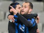 Club Brugge's Victor Vazquez Solsona (R) celebrates with a teammate after he scored the 1-0 goal during a football match between Belgian team against Aalborg BK on February 26, 2015