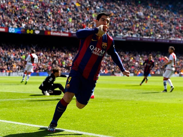  Luis Suarez of FC Barcelona celebrates after scoring the opening goal during the La Liga match between FC Barcelona and Rayo Vallecano de Madrid at Camp Nou on March 8, 2015