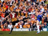 Stephen Darby of Bradford City and Pavel Pogrebnyak of Reading compete for the ball during the FA Cup Quarter Final match between Bradford City and Reading at the Coral Windows Stadium, Valley Parade on March 7, 2015