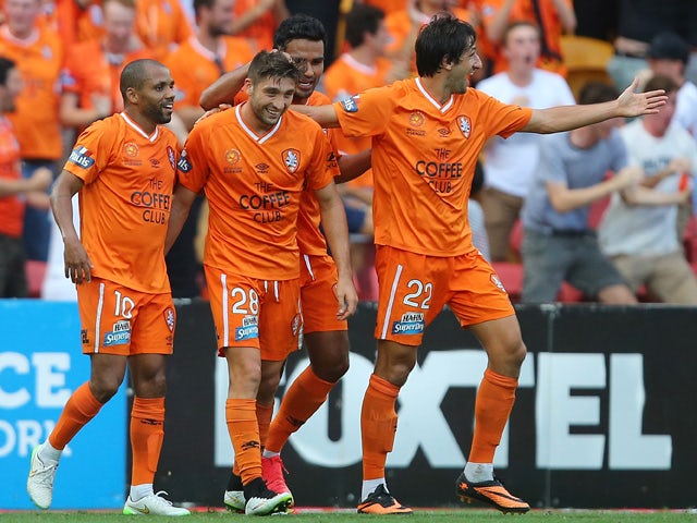 Brandon Borrello of the Roar celebrates after scoring a goal during the round 20 A-League match between the Brisbane Roar and the Western Sydney Wanderers at Suncorp Stadium on March 8, 2015