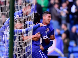 Cardiff City player Federico Macheda and team mates celebrate the first goal during the Sky Bet Championship match between Cardiff City and Charlton Athletic at Cardiff City Stadium on March 7, 2015 
