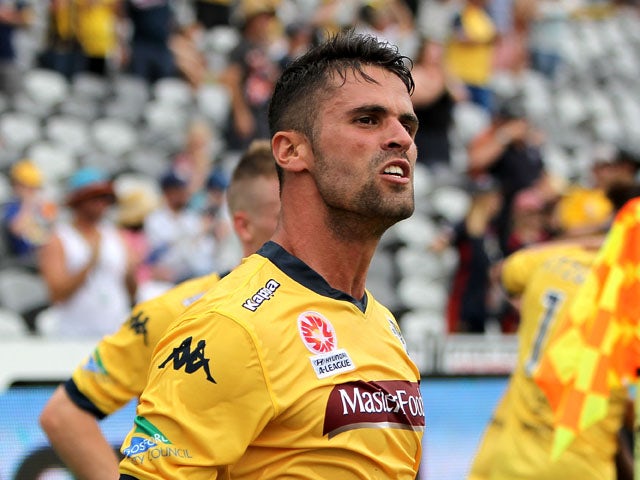 Fabio Ferreira of the Mariners celebrates a goal during the round 20 A-League match between the Central Coast Mariners and Melbourne City FC at Central Coast Stadium on March 8, 2015