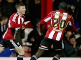 Chris Long of Brentford celebrates his goal during the Sky Bet Championship match between Brentford and Huddersfield Town at Griffin Park on March 3, 2015