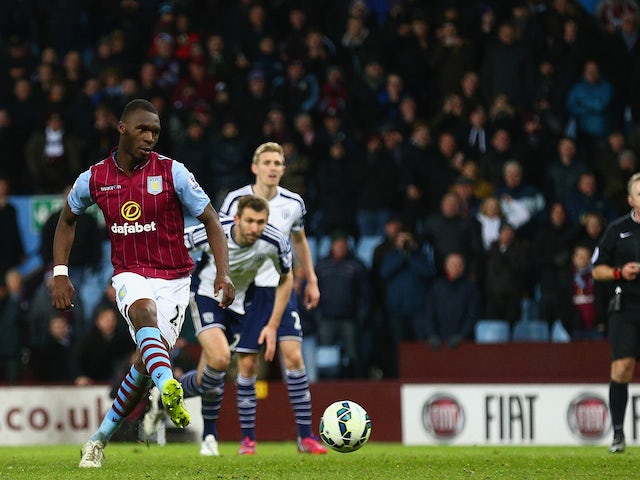 Christian Benteke of Aston Villa scores their second goal from the penalty spot during the Barclays Premier League match against West Bromwich Albion on March 3, 2015