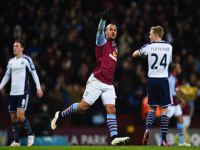 Gabriel Agbonlahor of Aston Villa celebrates scoring the opening goal during the Barclays Premier League match against West Bromwich Albion on March 3, 2015