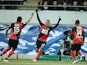 Guingamp's French forward Christophe Mandanne celebrates after scoring a goal during the French Cup football match between Concarneau and Guingamp on March 5, 2015