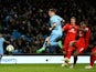 James Milner of Manchester City wcores his team's second goal during the Barclays Premier League match against Leicester City on March 4, 2015