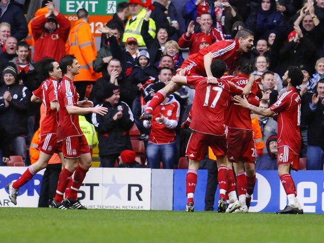 Liverpool players celebrate after Fernando Torres scored to make it 2-0 against Newcastle during their Premiereship match at Anfield, in Liverpool on March 8, 2008