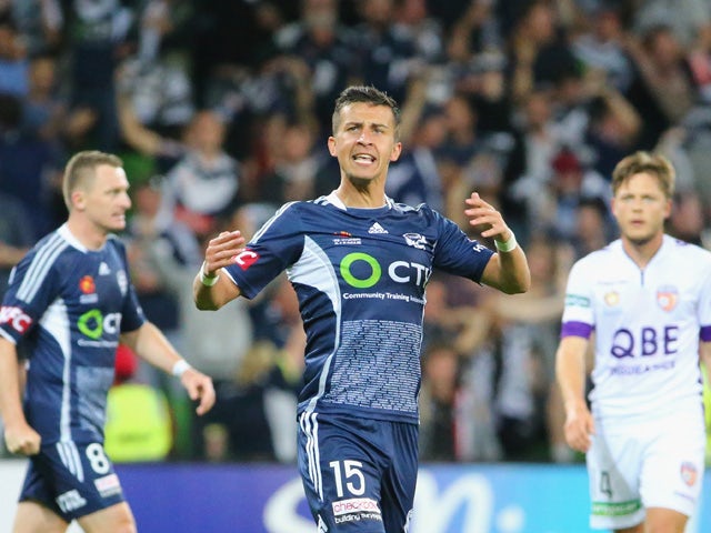 Daniel Georgievski of the Victory celebrates after scoring the Victorys first goal during the round 20 A-League match between Melbourne Victory and Perth Glory at AAMI Park on March 7, 2015