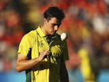 Pat Cummins of Australia prepares to bowl during the 2015 ICC Cricket World Cup match between Australia and New Zealand at Eden Park on February 28, 2015