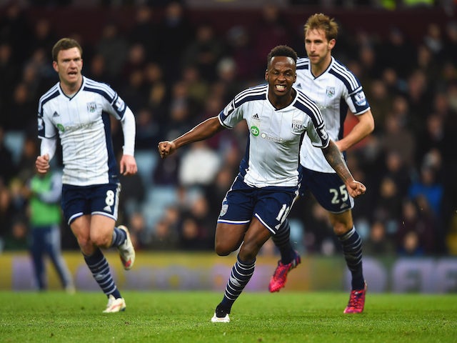 Saido Berahino of West Brom celebrates scoring their first goal during the Barclays Premier League match against Aston Villa on March 3, 2015
