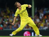 Shane Watson of Australia celebrates taking the wicket of Angelo Mathews of Sri Lanka during the 2015 ICC Cricket World Cup match between Australia and Sri Lanka at Sydney Cricket Ground on March 8, 2015