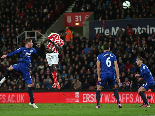 Victor Moses of Stoke City scores the first goal during the Barclays Premier League match between Stoke City and Everton at Britannia Stadium on March 4, 2015