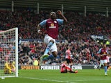 Christian Benteke of Aston Villa celebrates scoring their fourth goal during the Barclays Premier League match between Sunderland and Aston Villa at Stadium of Light on March 14, 2015