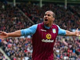 Gabriel Agbonlahor of Aston Villa celebrates scoring their second goal during the Barclays Premier League match between Sunderland and Aston Villa at Stadium of Light on March 14, 2015