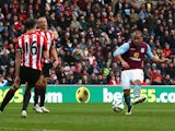 Gabriel Agbonlahor of Aston Villa scores their third goal during the Barclays Premier League match between Sunderland and Aston Villa at Stadium of Light on March 14, 2015
