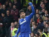 Chelsea's Brazilian-born Spanish striker Diego Costa celebrates scoring the opening goal during the English Premier League football match between Chelsea and Southampton at Stamford Bridge in London on March 15, 2015