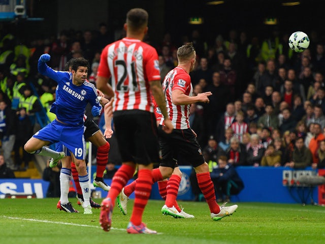 Diego Costa of Chelsea heads in the opening goal during the Barclays Premier League match between Chelsea and Southampton at Stamford Bridge on March 15, 2015