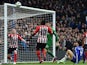 Southampton's Northern Irish midfielder Steven Davis watches as Chelsea's Brazilian-born Spanish striker Diego Costa's effort comes back off the post during the English Premier League football match between Chelsea and Southampton at Stamford Bridge in Lo