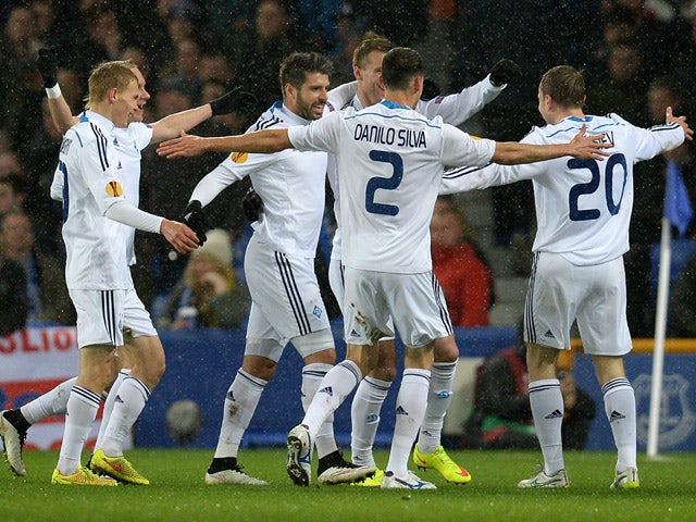 Dynamo Kiev's Ukrainian midfielder Oleh Gusev celebrates after scoring his team's first goal during the UEFA Europa League last-16 first leg football match between Everton FC and Dynamo Kiev at the Goodison Park in Liverpool on March 12, 2015
