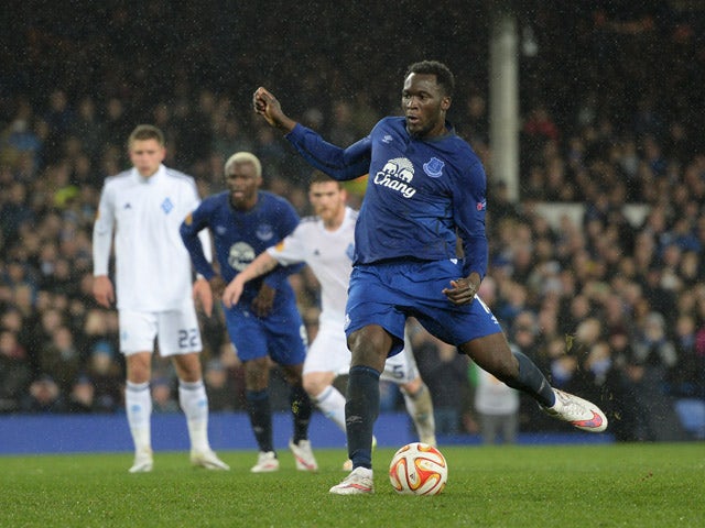 Romelu Lukaku of Everton scores his team's second goal from the penalty spot during the UEFA Europa League Round of 16, first leg match between Everton and FC Dynamo Kyiv at Goodison Park on March 12, 2015