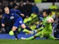 Steven Naismith of Everton scores a goal past goalkeeper Oleksandr Shovkovskiy of Dynamo Kyiv to level the scores at 1-1 during the UEFA Europa League Round of 16, first leg match between Everton and FC Dynamo Kyiv at Goodison Park on March 12, 2015