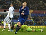 Everton's Scottish striker Steven Naismith celebrates after scoring his team's first goal during the UEFA Europa League last-16 first leg football match between Everton FC and Dynamo Kiev at the Goodison Park in Liverpool on March 12, 2015