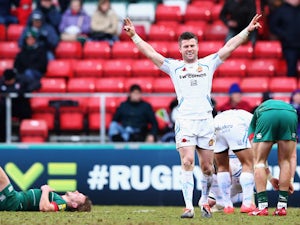 Ceri Sweeney of Exeter Chiefs celebrates his teams win over Leicester Tigers during the LV= Cup: Semi Final match between Leicester Tigers and Exeter Chiefs at Welford Road on March 15, 2015