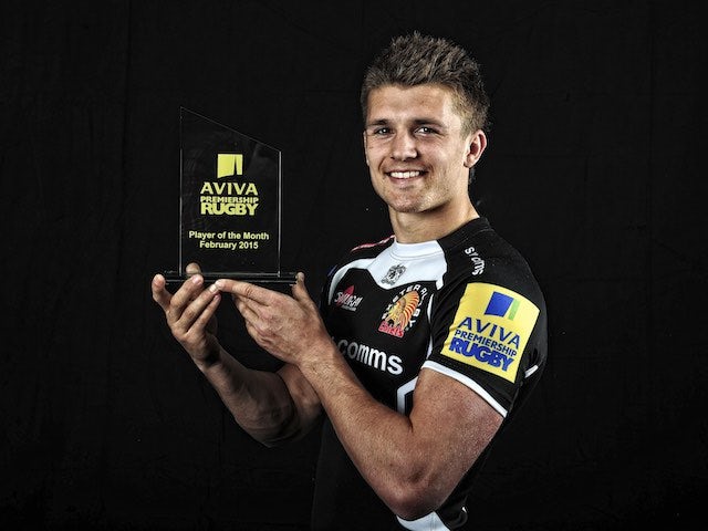 Henry Slade of Exeter Chiefs poses with his Aviva Premiership player of the month award for February 2015