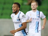 Harry Novillo of Melbourne City celebrates a goal during the round 21 A-League match between Melbourne City FC and the Newcastle Jets at AAMI Park on March 14, 2015
