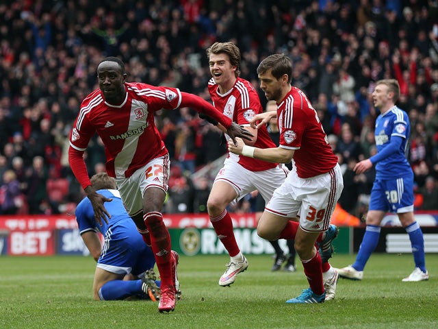 Albert Adomah of Middlesbrough celebrates scoring his side's second goal during the Sky Bet Championship match between Middlesbrough and Ipswich Town at the Riverside Stadium on March 14, 2015