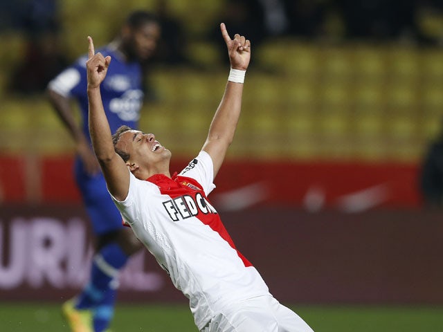 Monaco's Brazilian forward Matheus celebrates after scoring a goal during the French L1 football match between Monaco (ASM) and Bastia (SCB) on March 13, 2015