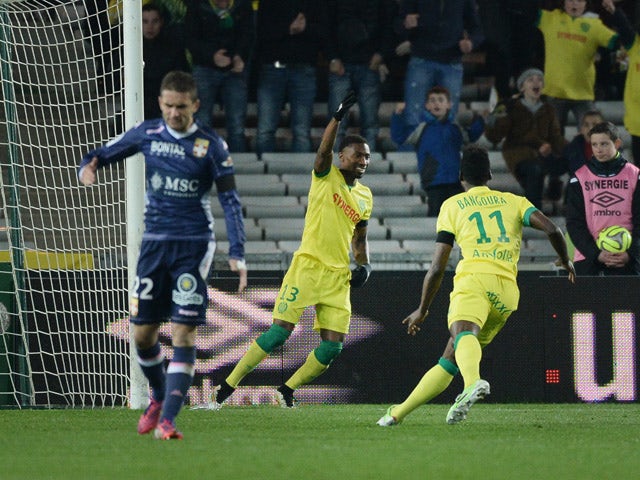 Nantes' Togolese forward Serge Gakpe celebrates after scoring a goal during the French L1 football match between Nantes and Evian-Thonon-Gaillard (ETG) on March 14, 2015