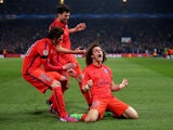 David Luiz of PSG celebrates after scoring a goal to level the scores at 1-1 during the UEFA Champions League Round of 16, second leg match between Chelsea and Paris Saint-Germain at Stamford Bridge on March 11, 2015