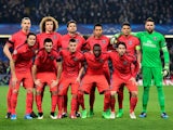 The PSG team pose for the cameras prior to kickoff during the UEFA Champions League Round of 16, second leg match between Chelsea and Paris Saint-Germain at Stamford Bridge on March 11, 2015