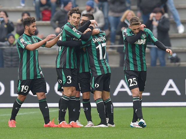 Nicola Sansone of Sassuolo scores the goal 2-1 during the Serie A match between US Sassuolo Calcio and Parma FC at Mapei Stadium on March 15, 2015