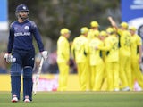 Preston Mommsen of Scotland leaves the field after being dismissed by Shane Watson of Australia during the 2015 Cricket World Cup match between Australia and Scotland at Bellerive Oval on March 14, 2015