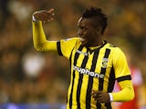 Bertrand Traore of Vitesse celebrates scoring the first goal of the game during the Dutch Eredivisie match between Vitesse Arnhem and AZ Alkmaar held at Gelredome on March 13, 2015