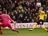 Matej Vydra of Watford scores the 2nd Watford goal during the Sky Bet Championship match between Watford and Reading at Vicarage Road on March 14, 2015
