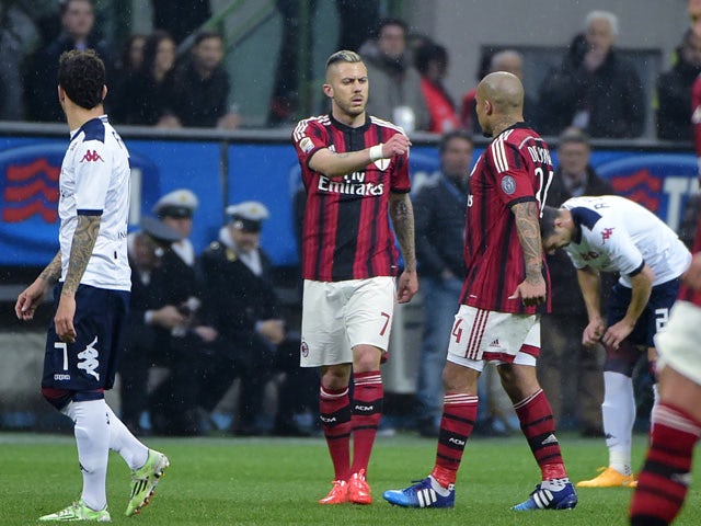 AC Milan's midfielder from France Jeremy Menez reacts after scoring during the Italian Serie A football match AC Milan vs Cagliari on March 21, 2015
