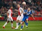 Arkadiusz Milik of Ajax and Dzhaba Kankava of Dnipro compete for the ball during the UEFA Europa League Round of 16, second leg match between AFC Ajax v FC Dnipro Dnipropetrovsk at Amsterdam Arena on March 19, 2015