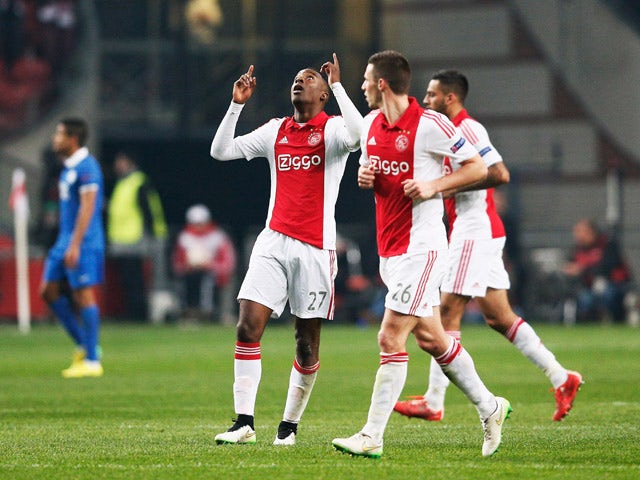 Riechedly Bazoer of Ajax celebrates after scoring a goal to level the scores at 1-1 on aggregate during the UEFA Europa League Round of 16, second leg match between AFC Ajax v FC Dnipro Dnipropetrovsk at Amsterdam Arena on March 19, 2015