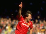 Bryan Robson of Manchester United celebrates after scoring the first goal during the FA Cup Semi-Final against Oldham at Maine Road in Manchester in 1990