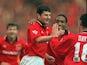 Denis Irwin of Manchester United celebrates his goal on November 19, 1994