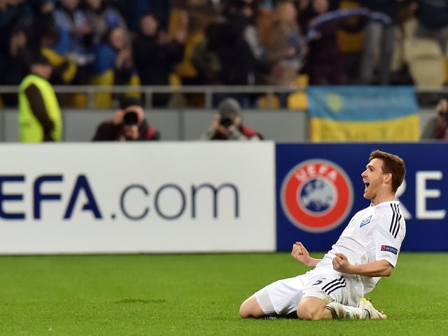 Dynamo Kiev's Portuguese defender Vitorino Antunes celebrates after scoring during the UEFA Europa League round of 16 football match between Dynamo Kiev and Everton in Kiev on March 19, 2015
