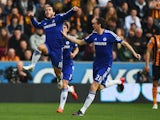 Eden Hazard of Chelsea (10) celebrates with Nemanja Matic (21) as he scores their first goal during the Barclays Premier League match against Hull City  on March 22, 2015