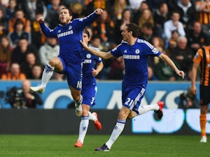 Eden Hazard of Chelsea (10) celebrates with Nemanja Matic (21) as he scores their first goal during the Barclays Premier League match against Hull City  on March 22, 2015