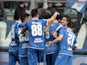 Empoli FC players celebrate a goal scored by Riccardo Saponara during the Serie A match between Empoli FC and US Sassuolo Calcio at Stadio Carlo Castellani on March 22, 2015