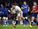 England scrum-half Ben Youngs scores his second try during the Six Nations international rugby union match between England and France at Twickenham Stadium, south west of London, on March 21, 2015